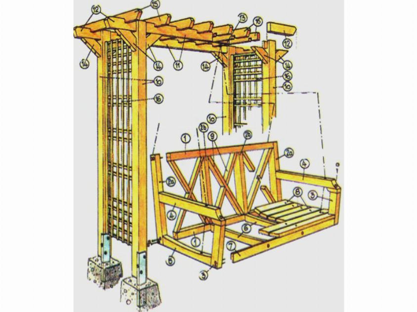 Чертеж первого варианта постройки деревянных садовых качелей